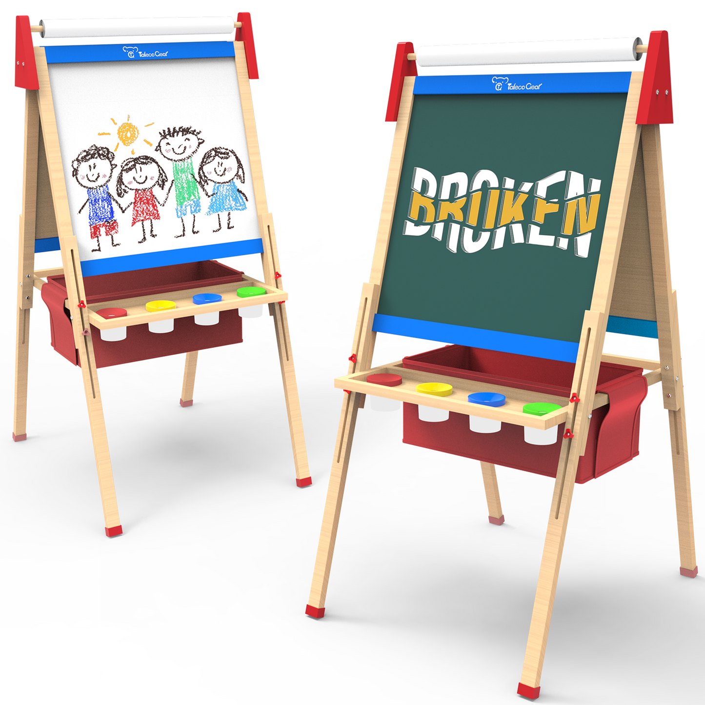 Art Easel for Kids, Adjustable Standing Wooden Easel for Toddlers, Double Sided for Aged 2-12 Boys & Girls, Whiteboard & Chalkboard, Dry-Erase Board, Paper Roll, Red and Blue