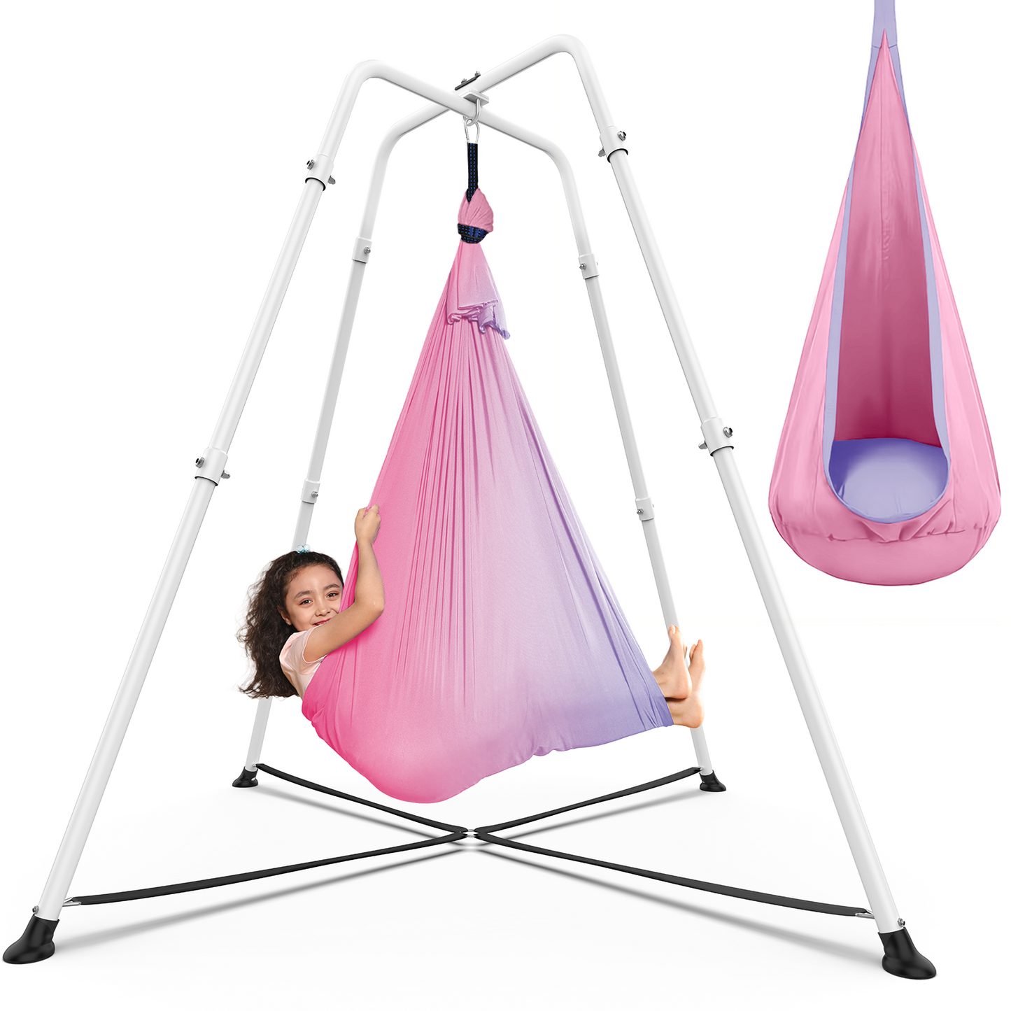 G TALECO GEAR Sensory Swing with stand and Pod Swing, Sensory Chair Indoor and Outdoor, x-Shaped Swing Set for Backyard, Metal Hammock Chair Stand for Kids &Adults, 330LBS,Pink&White