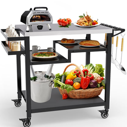 RAXSINYER Rolling Dining Table with Three-Shelf, Outdoor Grill Table&Cart, Garden Patio BBQ Kitchen Food Prep Cart, 20"x 32", Stainless Steel, Black
