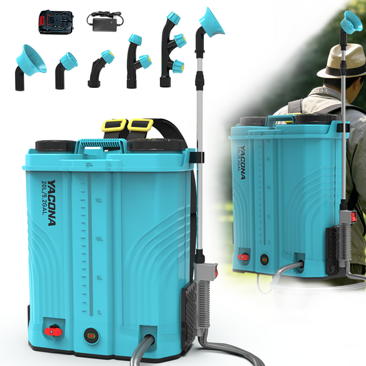 Yacona Powered Backpack Sprayer, Weed Sprayer with 6 Multifunctional Nozzles, Electric Sprayer with Wand for Lawn, Garden, Yard, Blue