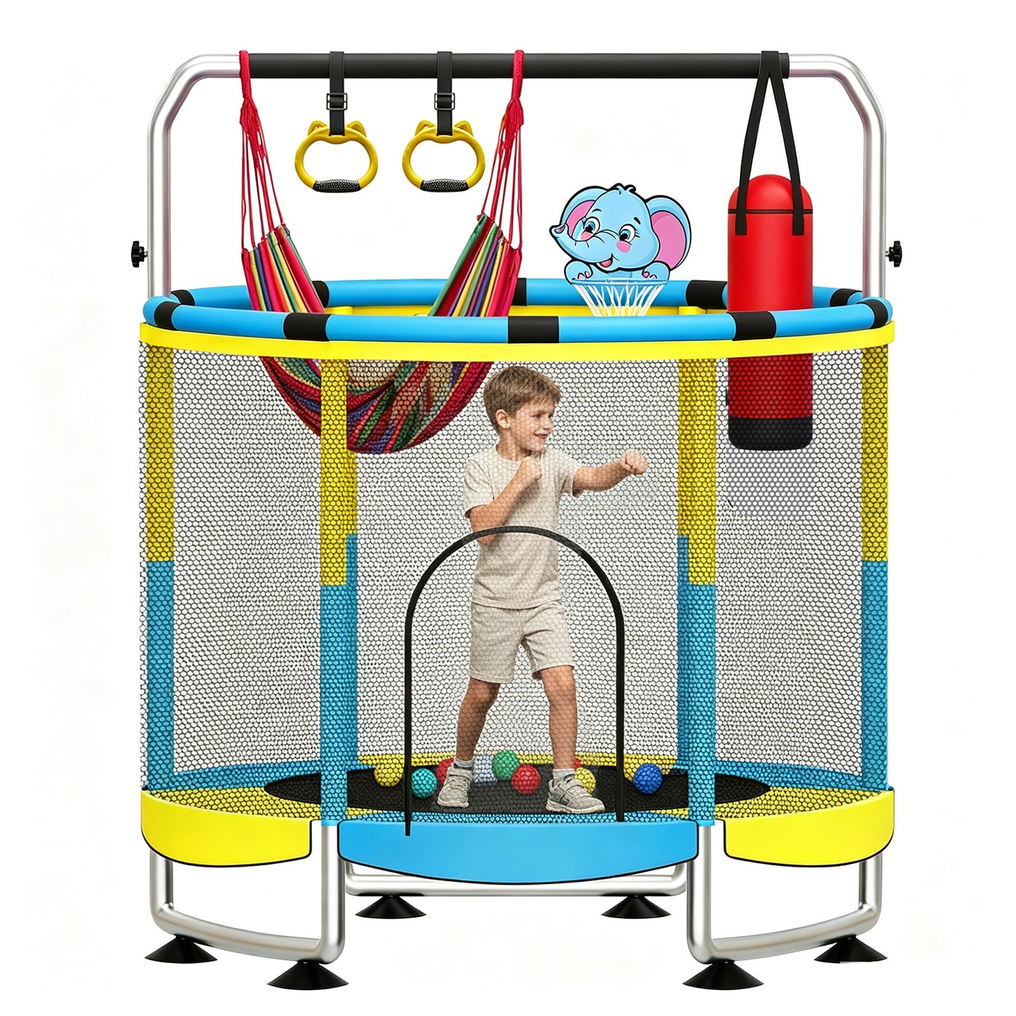 55" Trampoline for Kids with Enclosure Net, 440lbs Indoor Outdoor Toddler Trampoline, Adjustable Gymnastics Bar&Toys, for Boys Girls, Yellow and Blue