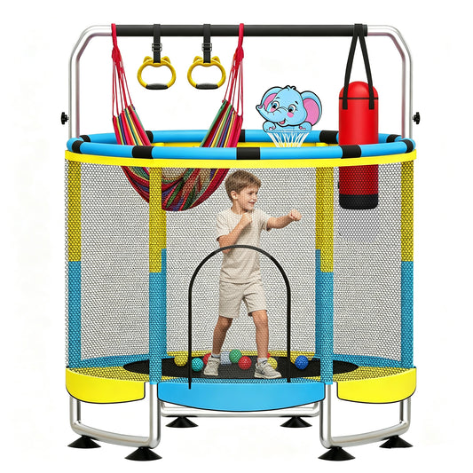 55" Trampoline for Kids with Enclosure Net, 440lbs Indoor Outdoor Toddler Trampoline, Adjustable Gymnastics Bar&Toys, for Boys Girls, Yellow and Blue
