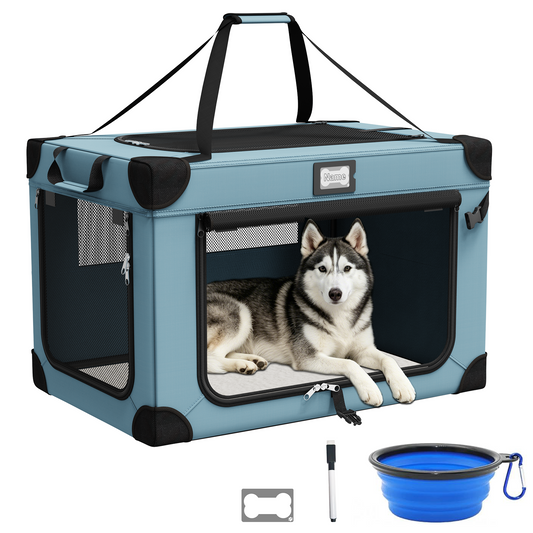 Yacona 36in Collapsible Dog Crate, Portable Soft Travel Dog Crate with Bowl, Foldable Pet Kennel Carrier, with Signature Card and Pen, Blue