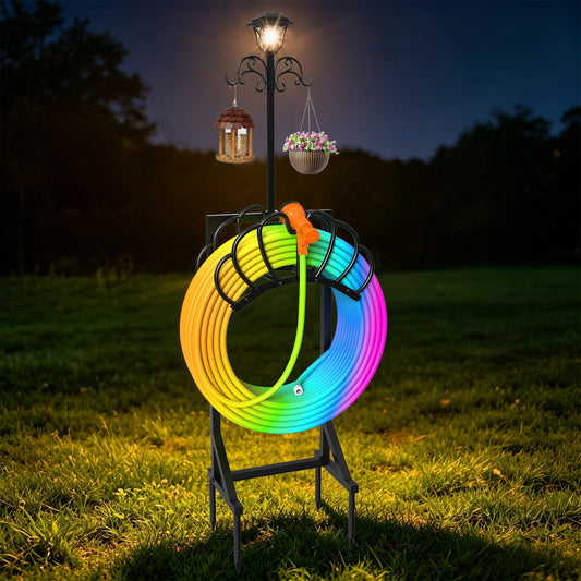 Yacona Garden Hose Holder with Light, Water Hose Holders for Outside with Shepherds Hooks, Freestanding Water Pipe Stand, Black