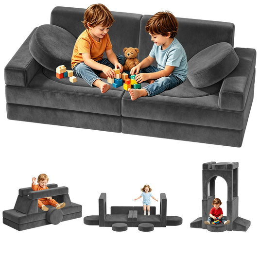 Semoprus 12PCS Modular Kids Play Couch, Toddler Sofa, Children Creative Convertible Foam Sofa Living Room Sectional Couch for Boys Girls 3-8, Gray
