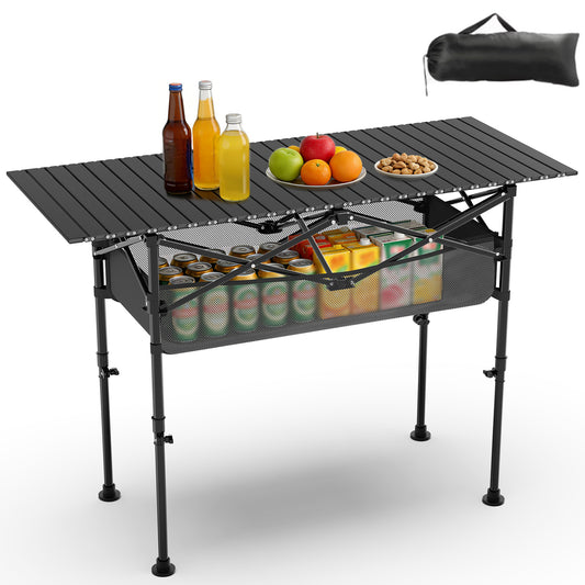 Yacona Folding Camping Table, Portable Foldable Table with Mesh Layer, for Picnic, Beach, Camp, Backyard, Black