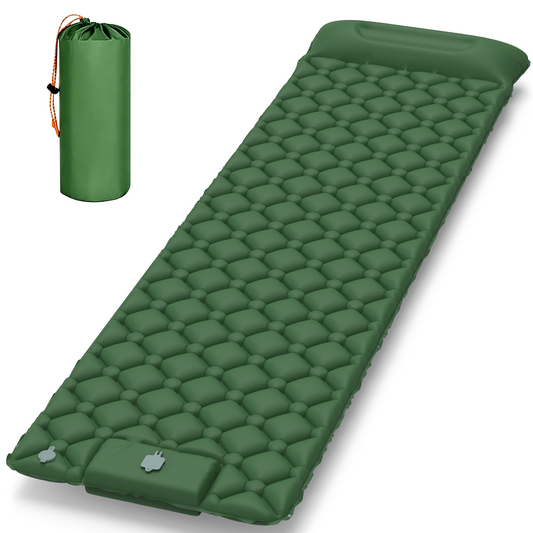 Camping Sleeping Pad with Pillow, Built-in Foot Pump, Ultralight Inflatable Camping Mat for Backpacking, Hiking, Traveling, Single, Green