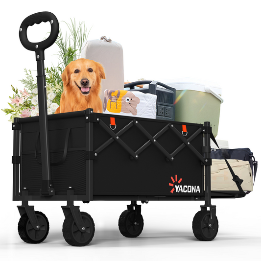 Yacona Wagons Carts Foldable with Tailgate, 360lbs Collapsible Extended Beach Wagon, Heavy Duty Folding Utility Cart, Black