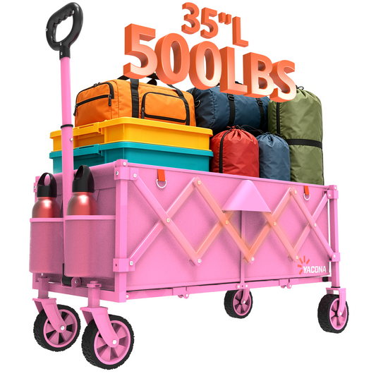 Yacona 35" L Extra Long Wagons Carts Foldable, 180L Capacity Beach Wagon, Heavy Duty Rolling Cart with Wheels, Pink