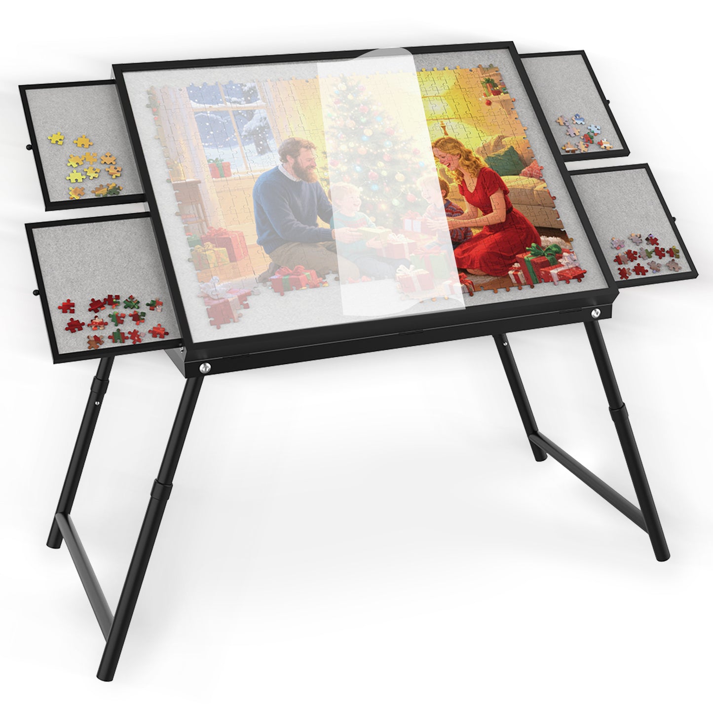Puzzle Table 1500pcs, Metal & Plastic Frame, 4 Drawers, U-Shaped Legs, Grey & Black, 15.35 Inch Height
