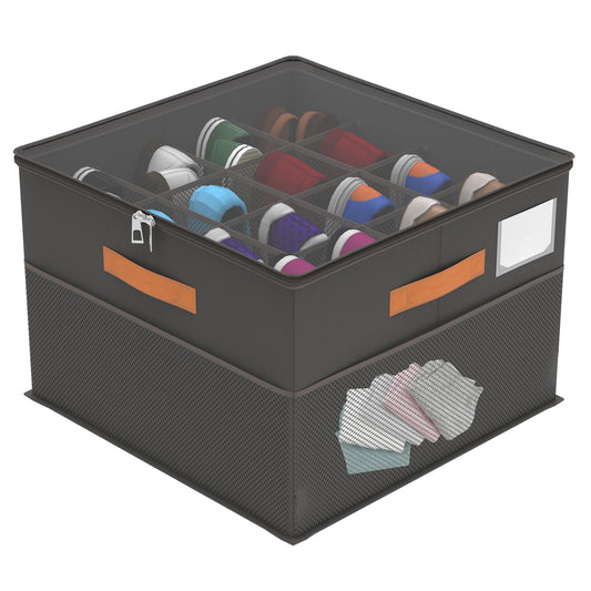 Shoe Organizer for Closet, Foldable Shoe Storage Containers with Clear Cover, Bottom Support, Fits up to 16 Pairs, Gray