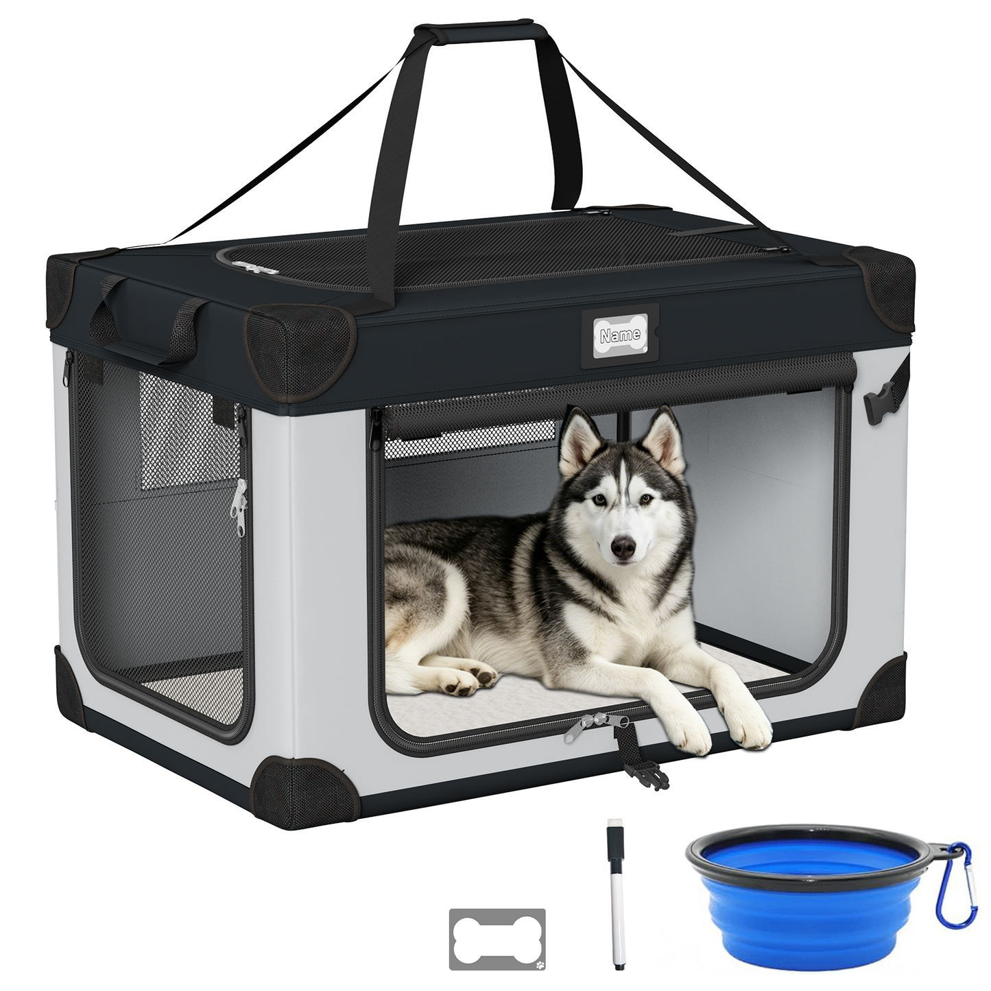 Yacona 36in Collapsible Dog Crate, Portable Soft Travel Dog Crate with Bowl, Foldable Pet Kennel Carrier, with Signature Card and Pen, Black&White