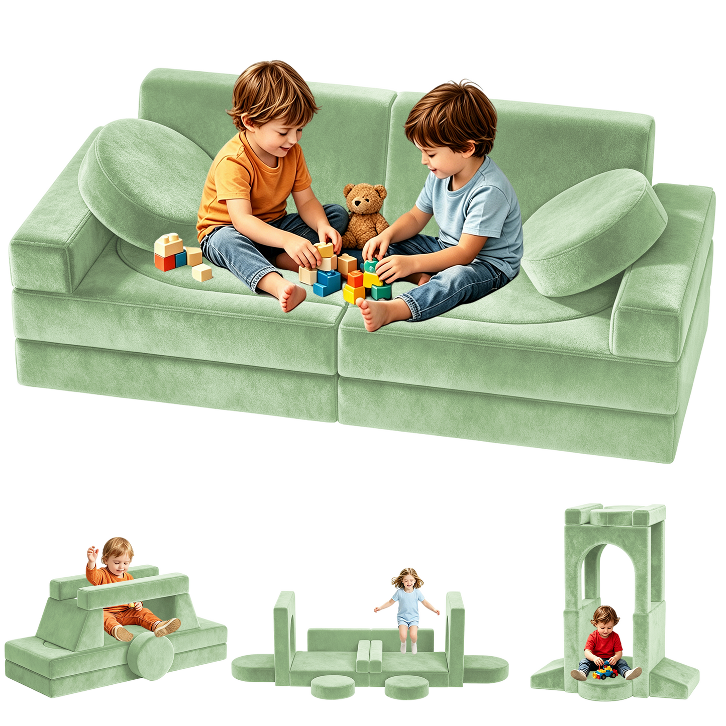 Semoprus Modular Kids Play Couch, 12Pcs Kids Sofa for Playroom Bedroom Living Rooms Toddler Sofa for Inspiring Child Creativity, Children Creative Convertible Foam Sofa, Green