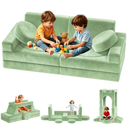 Semoprus Modular Kids Play Couch, 12Pcs Kids Sofa for Playroom Bedroom Living Rooms Toddler Sofa for Inspiring Child Creativity, Children Creative Convertible Foam Sofa, Green