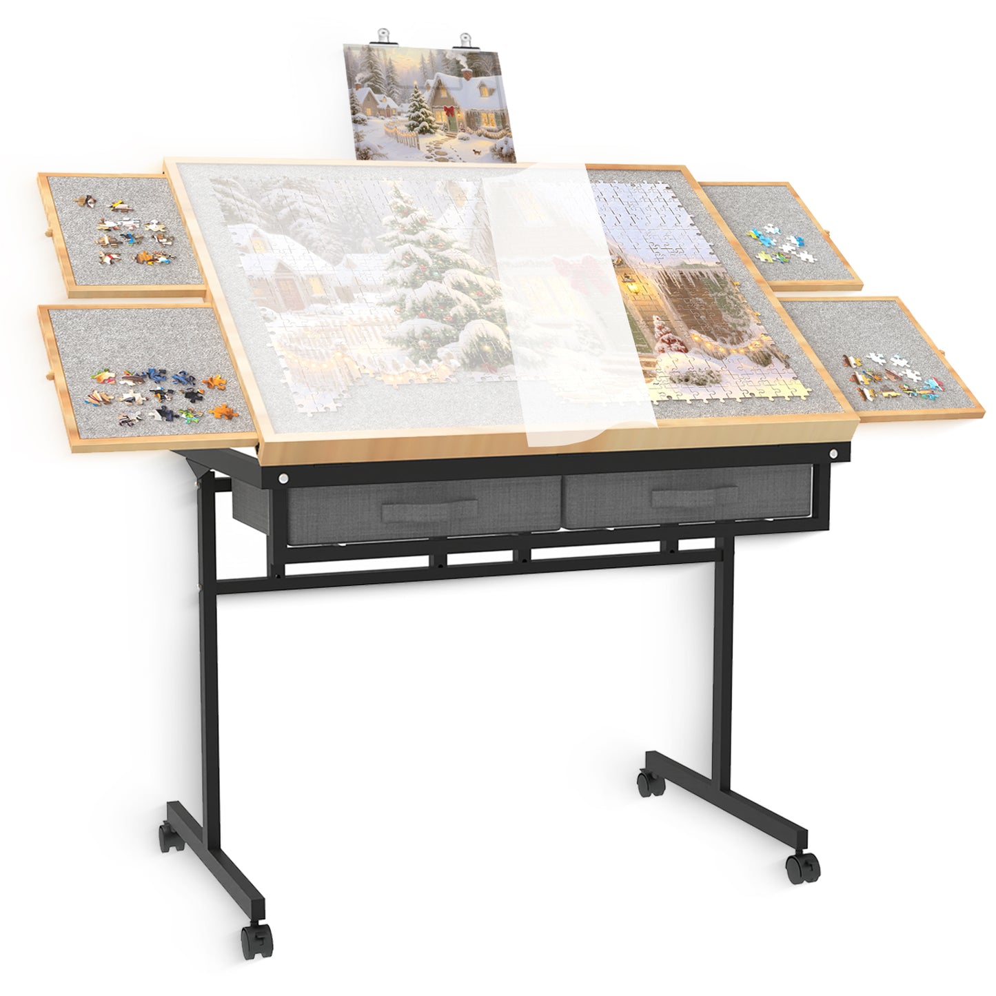 Jigsaw Puzzle Table 1500 Pieces with Drawer and Legs, Five Tilt Angle Adjustable, Portable Puzzle Table for Adults with Protective Cover, Natural Wood