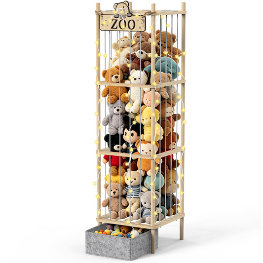 Semoprus Stuffed Animal Storage Zoo Extra Large Stuffed Animal Holder Space Save Toy Organizer with Wheels for Nursery Playroom Bedroom, Wood, Natural