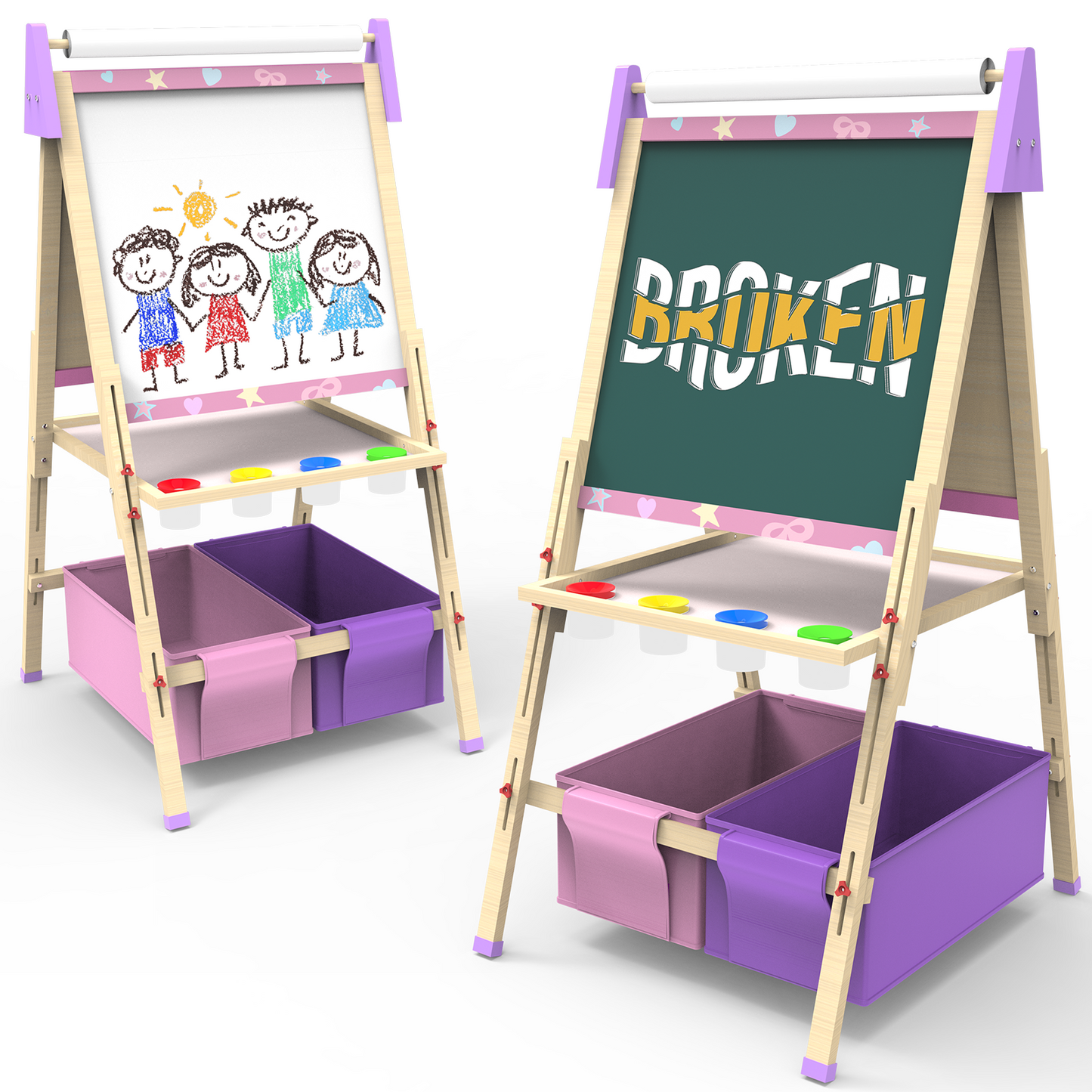 Art Easel for Kids, Double Sided Standing Wooden Easel, Adjustable Easel for Toddlers, for Aged 2-12 Whiteboard & Chalkboard, Dry-Erase Board, Paper Roll, Pink and Purple
