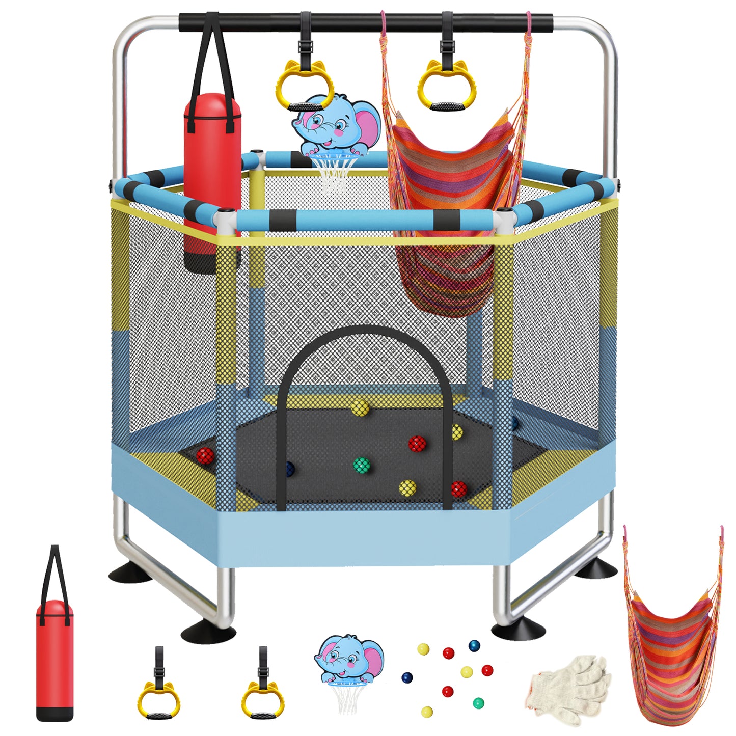 G TALECO GEAR 60" Trampoline for Kids with Enclosure, Indoor & Outdoor Toddler Trampoline with Adjustable Gymnastics Bar & Toys, for Boys & Girls, 440lbs,Yellow&Blue