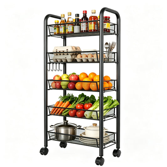 5 Tier Vegetable Fruit Basket for Kitchen, Kitchen Storage Cart with 360° Wheels, Organizer Stackable Metal Mesh Storage Basket, for Office Bathroom Laundry Room, Black
