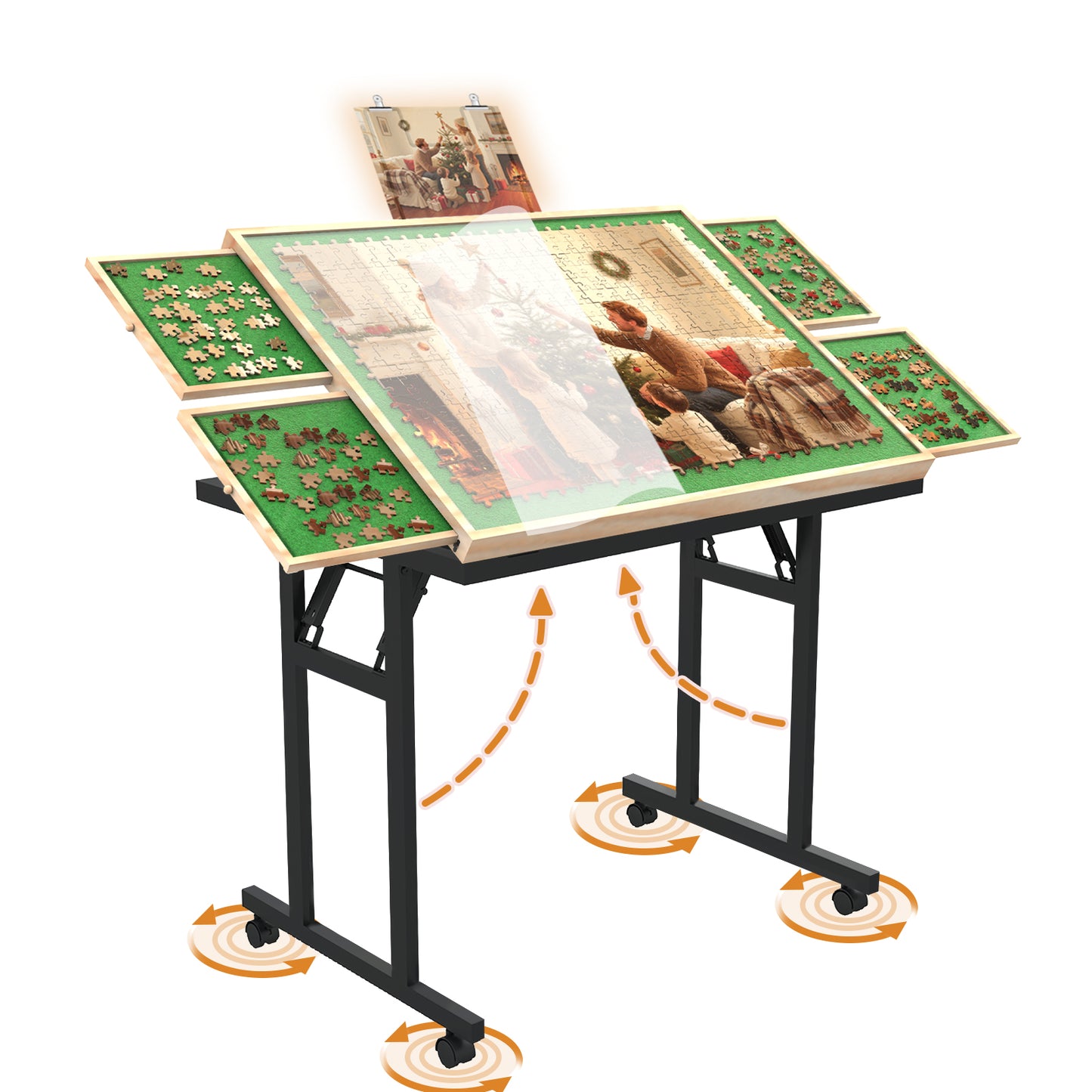 Puzzle Table with Folding Legs, 1500 Pieces Puzzle Table for Adults with Drawers, Cover, Wheels, 5 Adjustable Up Angles Wooden Jigsaw Puzzle Board for All Ages, Nature&Green