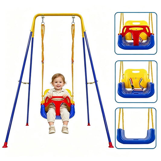 SEMOPRUS 3-in-1 Toddler Swing Set, Foldable Metal Stand Baby Swing with Safety Belt, Indoor & Outdoor Baby Seat for Backyard, Yellow and Blue