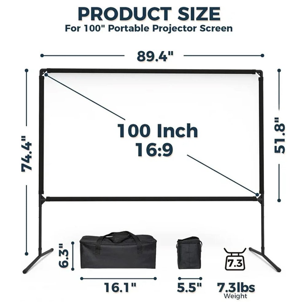 Portable Projector Screen and Stand, 100 inch Outdoor Projector Screen, 16:9 4K HD Movie Screen, Support Double Sided Projection
