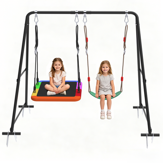 Swing Sets for Backyard, Outdoor Toddler Swing with Heavy-Duty Metal Stand, Swing Playset for Kids, 440lbs, Square & Belt, Black