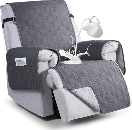 100% Waterproof Recliner Chair Cover, Non-Slip Reclining Covers, Recliner Covers with Pockets for Kids Dogs Pets, 23.6", Gray