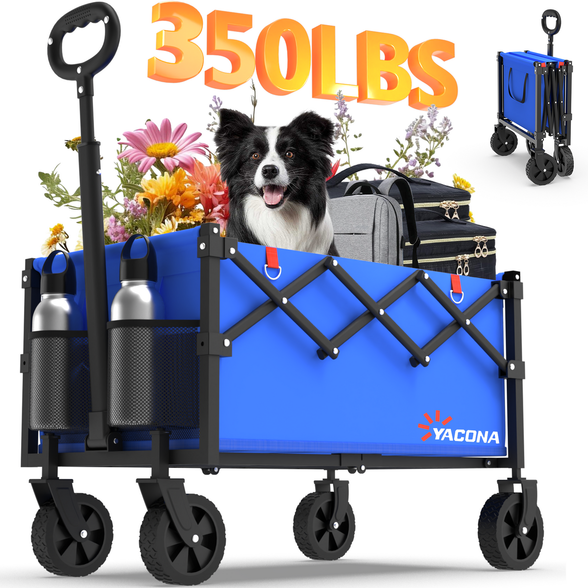 Yacona Wagons Carts Foldable, 350 lb Capacity Folding Wagon Cart with Wheels for Camping, Garden, Shopping, Blue