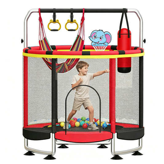 55" Trampoline for Kids with Enclosure Net, 440lbs Indoor Outdoor Toddler Trampoline, Adjustable Gymnastics Bar&Toys, for Boys Girls, Red and Black