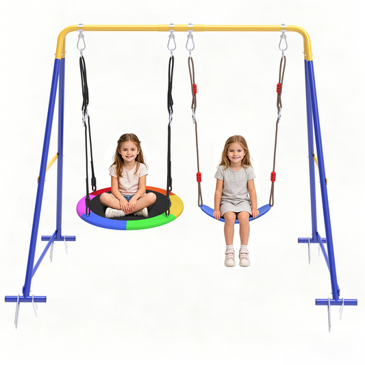 Semoprus Swing Sets for Backyard, Outdoor Toddler Swing with Heavy-Duty Metal Stand, Swing Playset for Kids, 440lbs, Saucer & Belt, Yellow & Blue