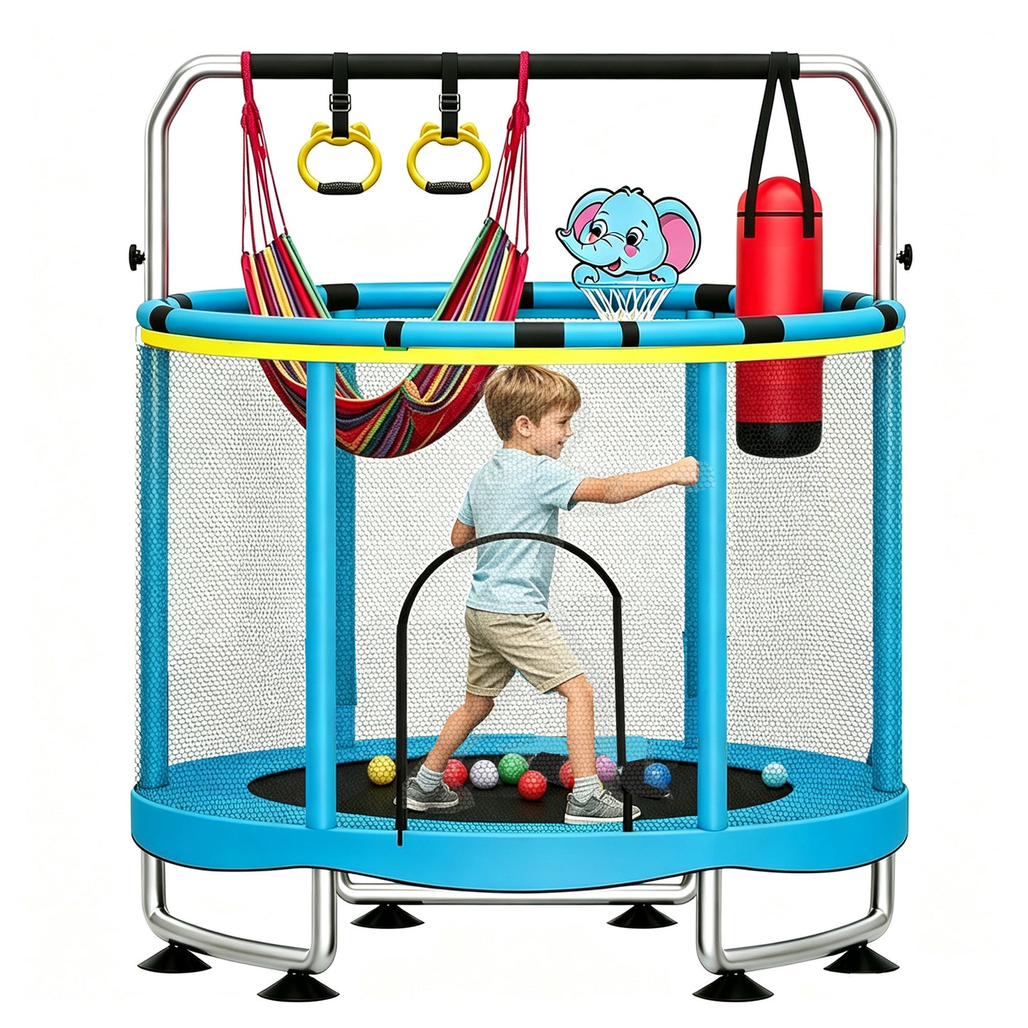 55" Trampoline for Kids with Enclosure Net, 440lbs Indoor Outdoor Toddler Trampoline, Adjustable Gymnastics Bar&Toys, for Boys Girls, Blue