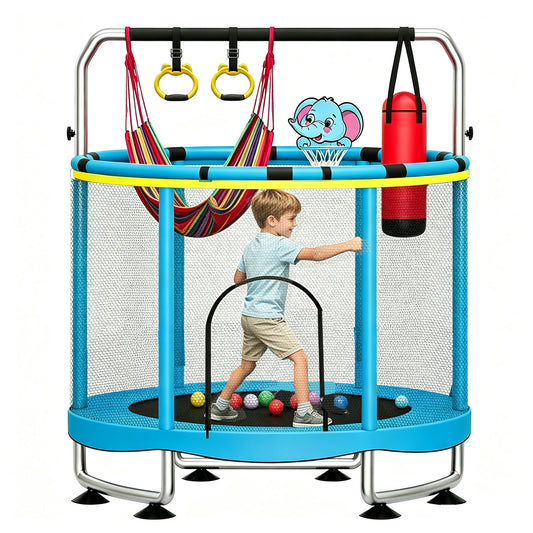 55" Trampoline for Kids with Enclosure Net, 440lbs Indoor Outdoor Toddler Trampoline, Adjustable Gymnastics Bar&Toys, for Boys Girls, Blue