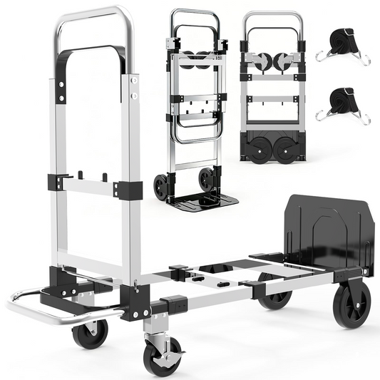 Yacona Foldable Hand Truck, 3-in-1 Aluminum Collapsible Dolly Cart with 4 Rubber Wheels and Retractable Handle, Portable Moving Dolly, Black