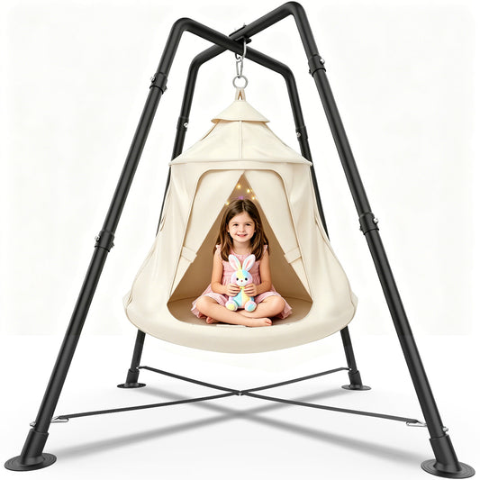 X-Shaped Hammock Chair Stand with Swing Chair, Hanging Tree Tent with Swing Stand for Indoor Outdoor, 330lbs Weight Capacity, White