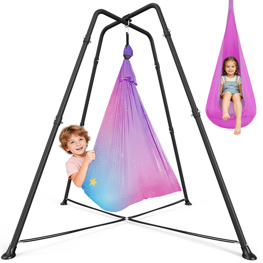 Semoprus Sensory Swing with stand and Pod Swing, Sensory Chair Indoor/Outdoor, Swing Set for Kids/Adults, 330LBS, Patterned-Star Pink & Purple