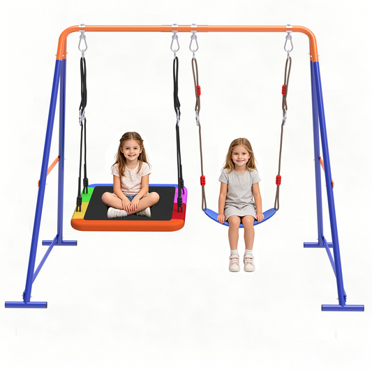 Semoprus Swing Sets for Backyard, Outdoor Toddler Swing with Heavy-Duty Metal Stand, Swing Playset for Kids, 440lbs, Square & Belt, 0range