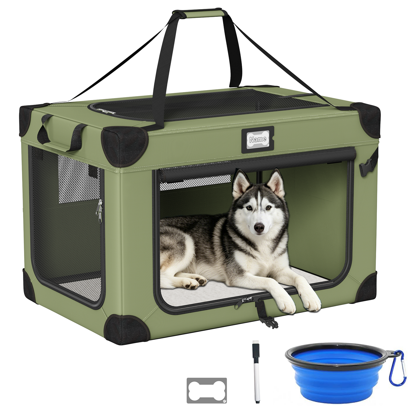 Yacona 36in Collapsible Dog Crate, Portable Soft Travel Dog Crate with Bowl, Foldable Pet Kennel Carrier, with Signature Card and Pen, Green