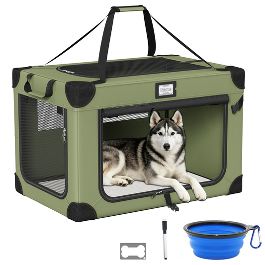 Yacona 36in Collapsible Dog Crate, Portable Soft Travel Dog Crate with Bowl, Foldable Pet Kennel Carrier, with Signature Card and Pen, Green