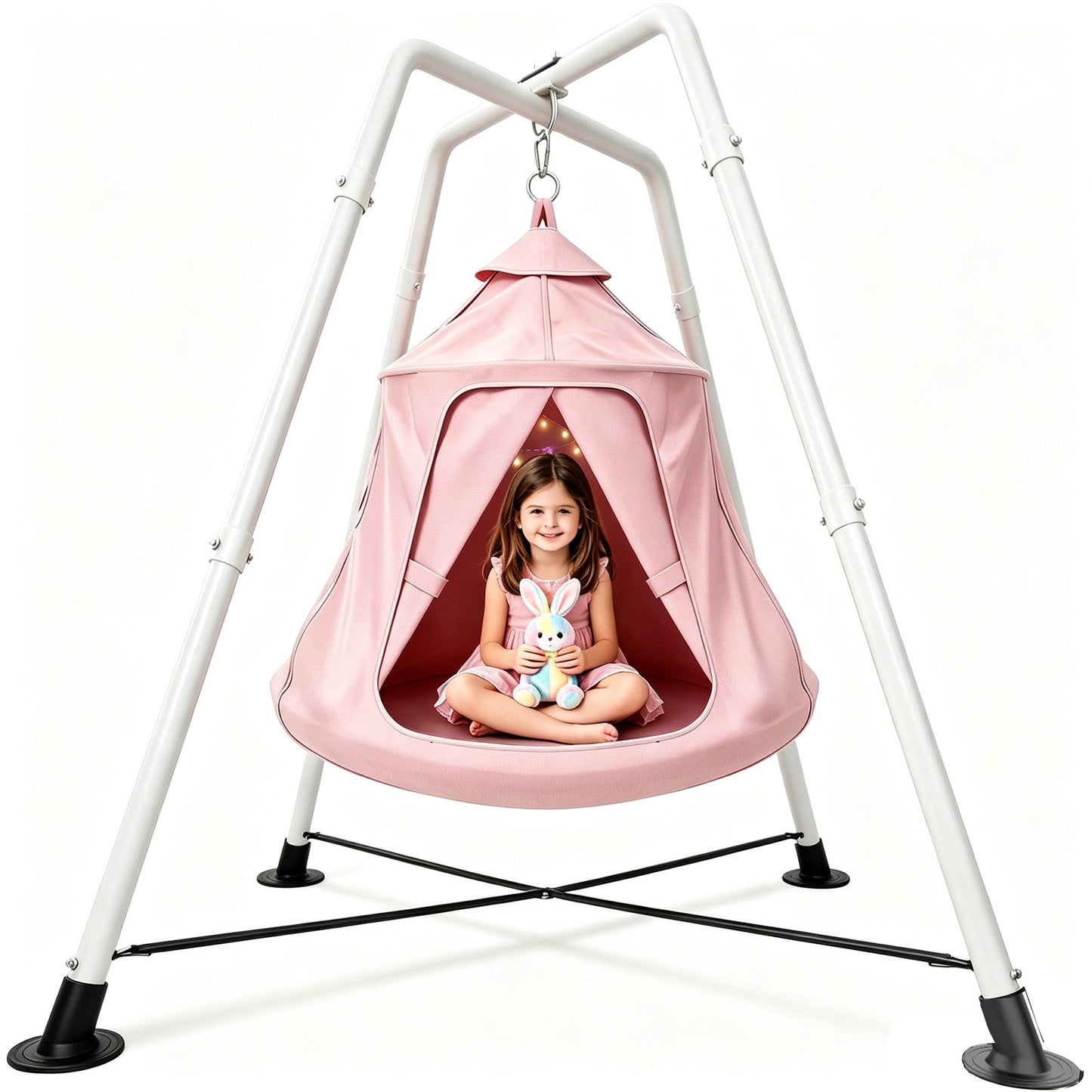 X-Shaped Hammock Chair Stand with Swing Chair, Hanging Tree Tent with Swing Stand for Indoor Outdoor, 330lbs Weight Capacity, Pink