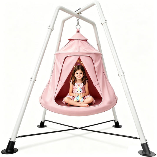 X-Shaped Hammock Chair Stand with Swing Chair, Hanging Tree Tent with Swing Stand for Indoor Outdoor, 330lbs Weight Capacity, Pink