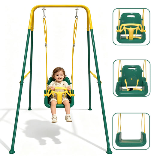 SEMOPRUS 3-in-1 Toddler Swing Set, Foldable Metal Stand Baby Swing with Safety Belt, Indoor & Outdoor Baby Seat for Backyard, Yellow and Green