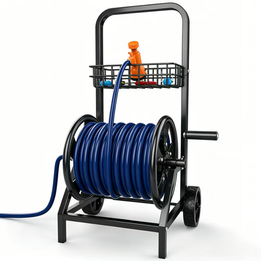 Yacona Portable Hose Reel Cart with Wheels, Heavy Duty Garden Hose Cart with Storage Basket, for Garden, Yard, Lawn, Farm, Black