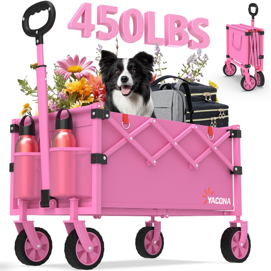 Yacona Wagons Carts Foldable, 450 lb Capacity Folding Wagon Cart with Wheels for Camping, Garden, Shopping, Pink