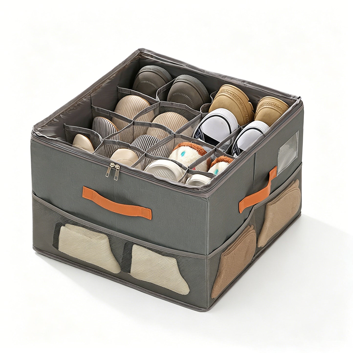 Shoe Organizer for Closet, Foldable Shoe Storage Containers with Clear Cover, Bottom Support, Fits up to 16 Pairs, Gray