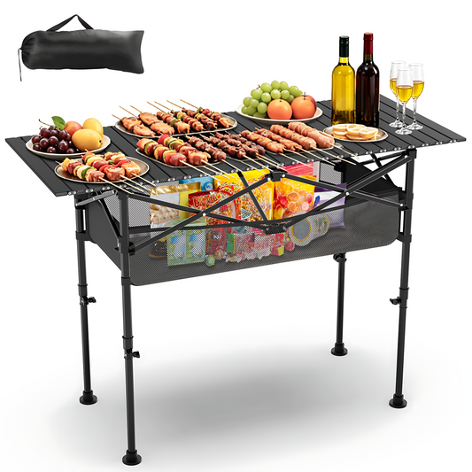 Yacona Folding Camping Table, Portable Foldable Table with Mesh Layer, for Picnic, Beach, Camp, Backyard, Black