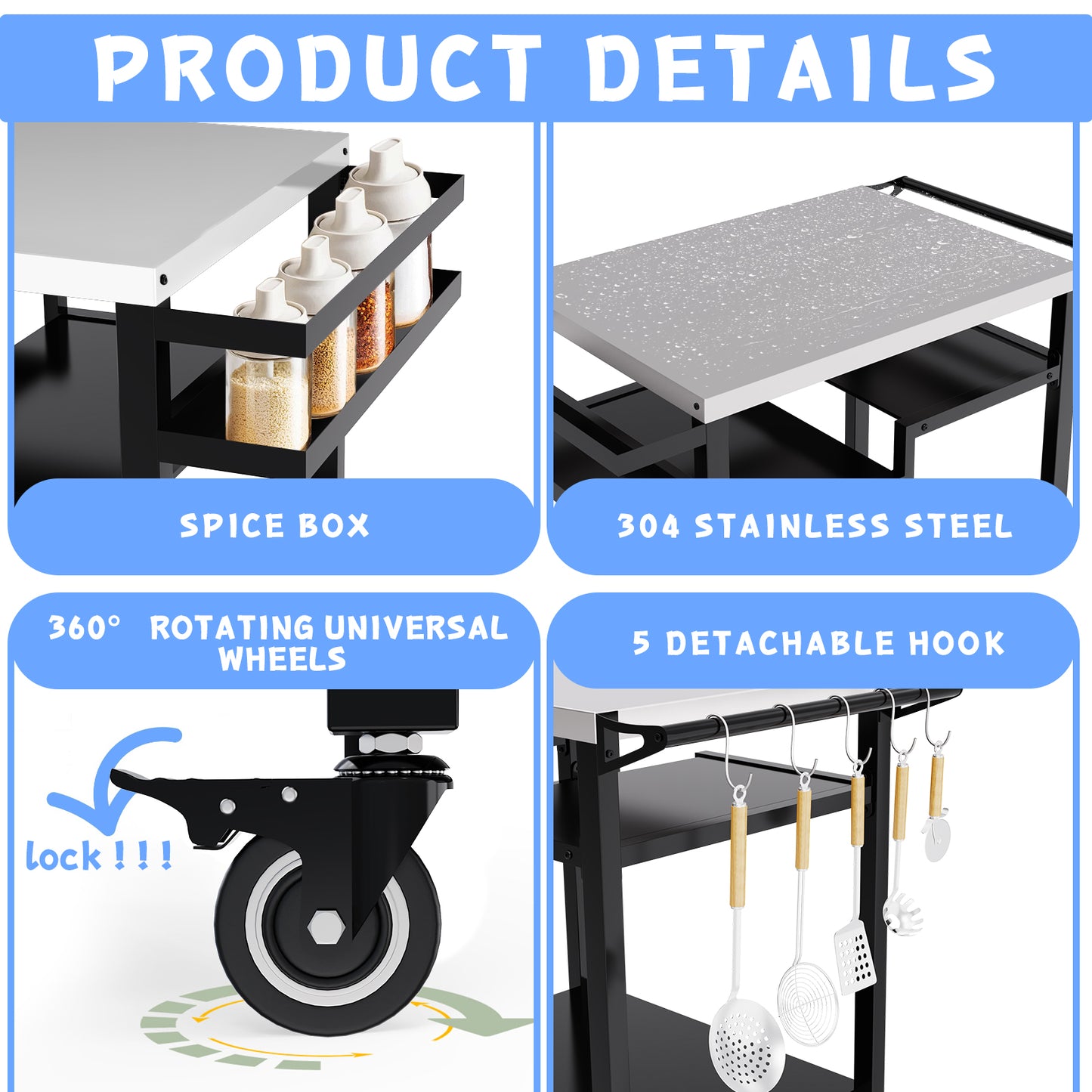 RAXSINYER Rolling Dining Table with Three-Shelf, Outdoor Grill Table&Cart, Garden Patio BBQ Kitchen Food Prep Cart, 20"x 32", Stainless Steel, Black