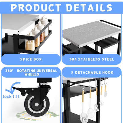 RAXSINYER Rolling Dining Table with Three-Shelf, Outdoor Grill Table&Cart, Garden Patio BBQ Kitchen Food Prep Cart, 20"x 32", Stainless Steel, Black