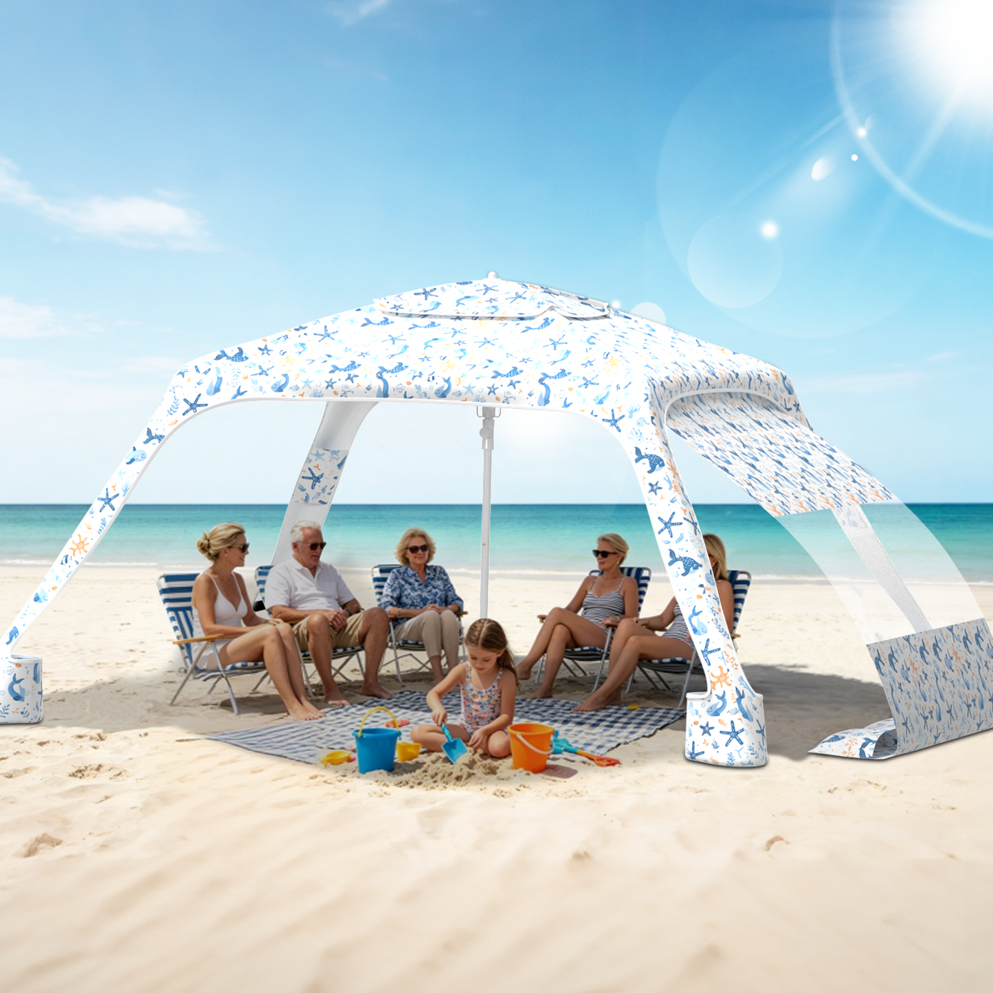Yacona Beach Canopy Cabana with 4 Corners, 6.5'×6.5' Tent Sun Shelter, Adjustable Beach Umbrella Tent with Side Wall, Marine Life Print