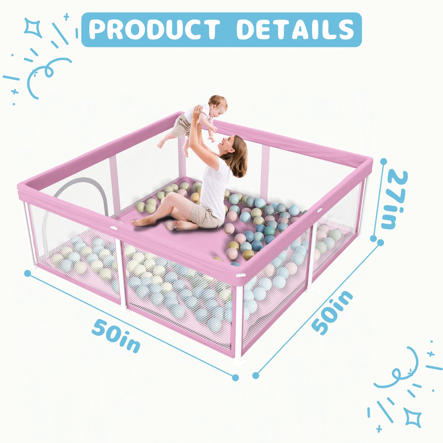 G TALECO GEAR Baby Playpen with Mat, Foldable Playpen for Babies and Toddlers, Portable Travel Play Yard, 50"x50", Pink
